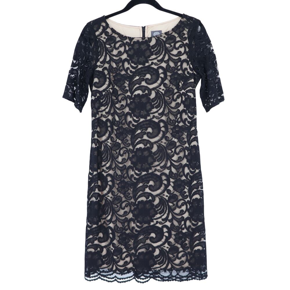 VINCE CAMUTO Lace Overlay Sheath Dress Black Short Sleeve Knee Length Women's 4